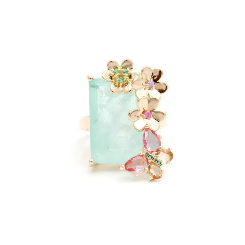 Butterfly & Rectangular Light Blue Tourmaline Fusion, Pink Tourmaline & Smokey Topaz Crystal Fusion Ring, 18k Gold Filled Elladora Store Australia