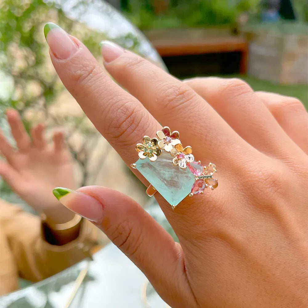 Woman wears Butterfly & Rectangular Light Blue Tourmaline Fusion, Pink Tourmaline & Smokey Topaz Crystal Fusion Ring, 18k Gold Filled Elladora Store Australia
