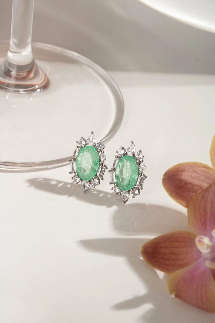 Colombian Emerald Fusion & White Zirconia Oval Earrings, Rhodium Plated