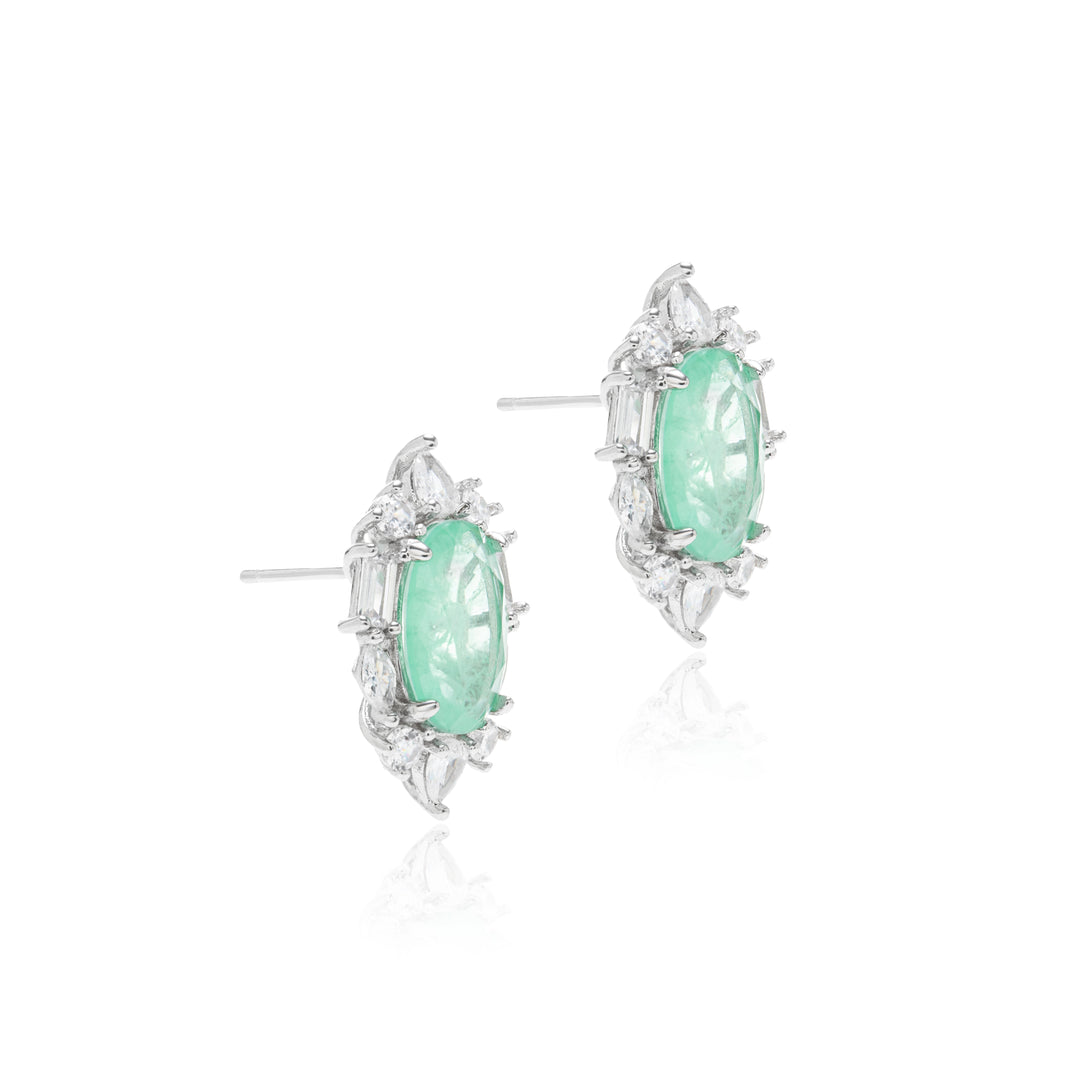Colombian Emerald Fusion & White Zirconia Oval Earrings, Rhodium Plated