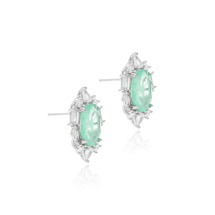 Colombian Emerald Fusion & White Zirconia Oval Earrings, Rhodium Plated