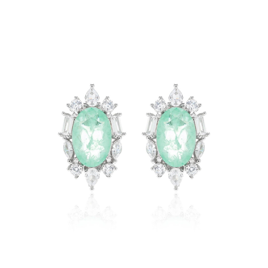 Colombian Emerald Fusion & White Zirconia Oval Earrings, Rhodium Plated