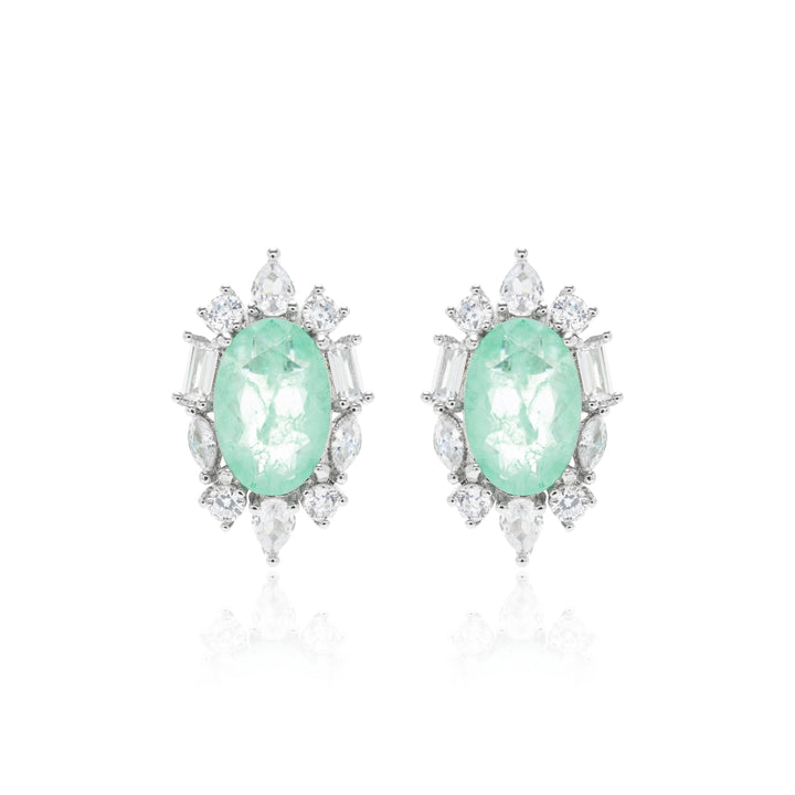 Colombian Emerald Fusion & White Zirconia Oval Earrings, Rhodium Plated