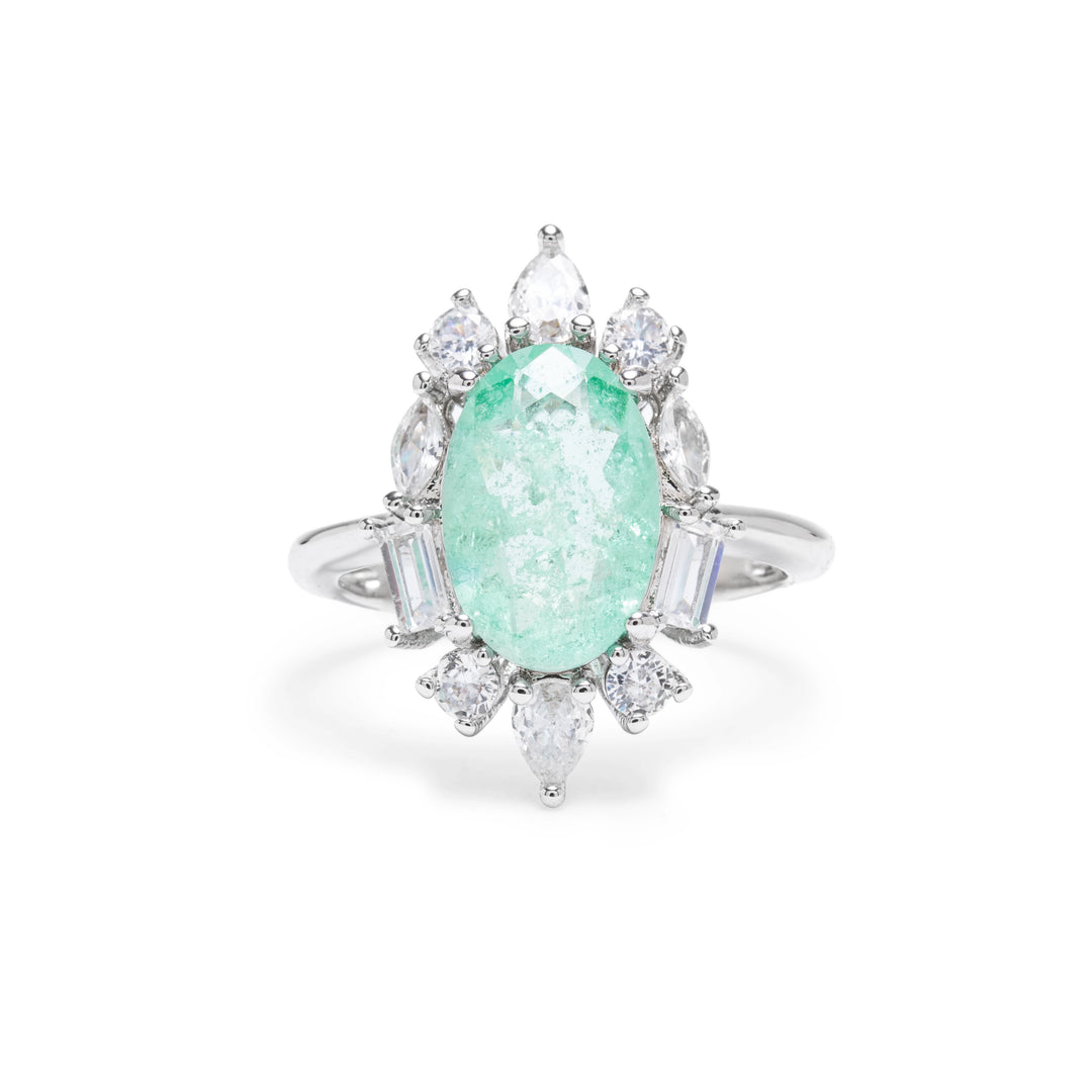 Colombian Emerald Fusion & White Zirconia Oval Ring, Rhodium Plated