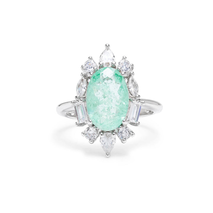 Colombian Emerald Fusion & White Zirconia Oval Ring, Rhodium Plated