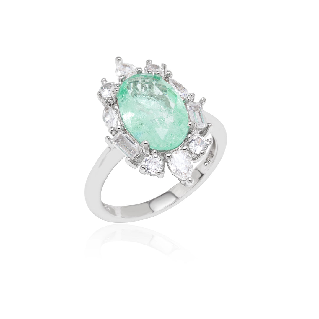 Colombian Emerald Fusion & White Zirconia Oval Ring, Rhodium Plated