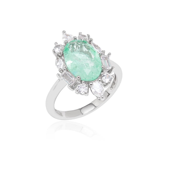 Colombian Emerald Fusion & White Zirconia Oval Ring, Rhodium Plated