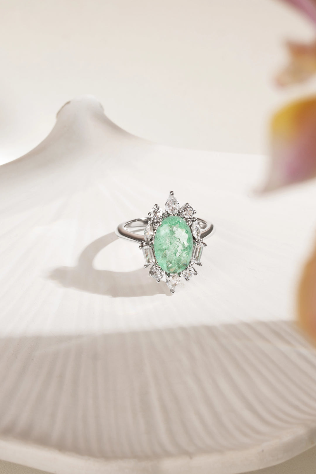 Colombian Emerald Fusion & White Zirconia Oval Ring, Rhodium Plated