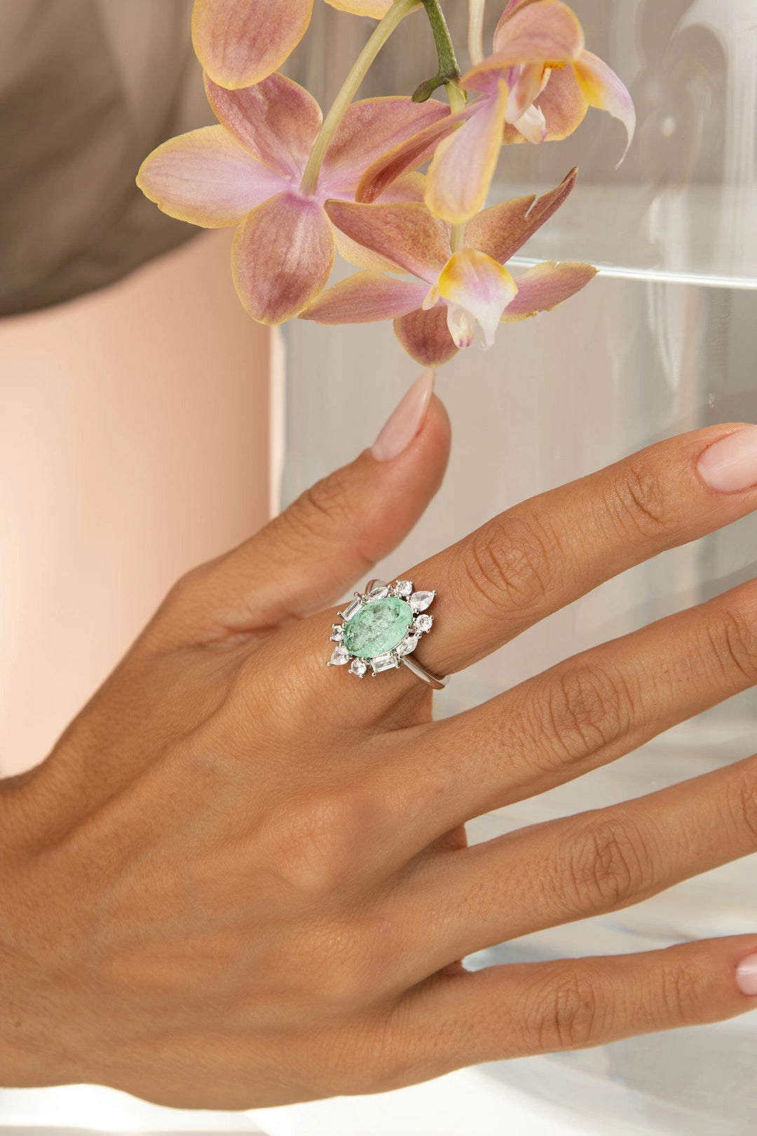 Colombian Emerald Fusion & White Zirconia Oval Ring, Rhodium Plated