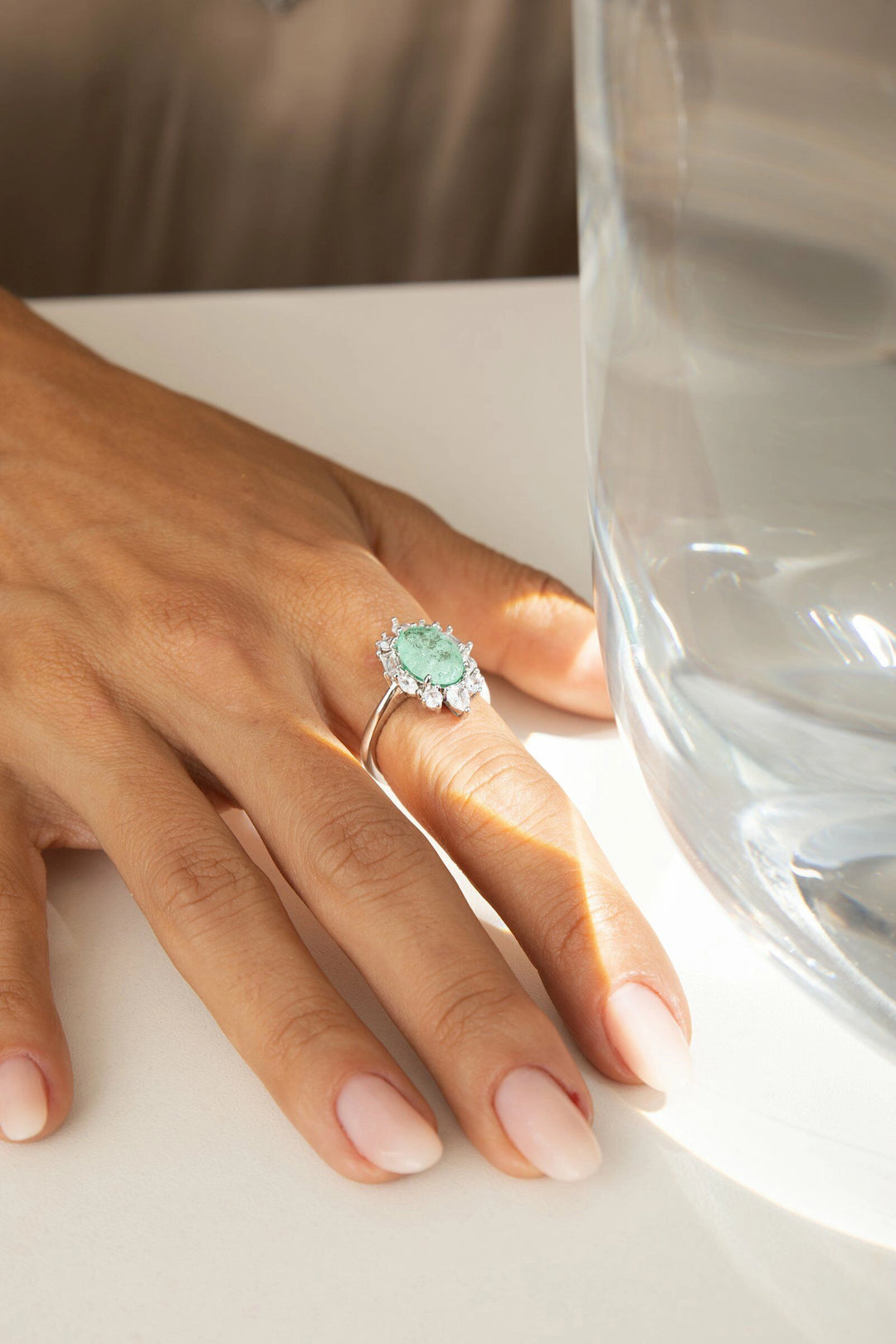 Colombian Emerald Fusion & White Zirconia Oval Ring, Rhodium Plated