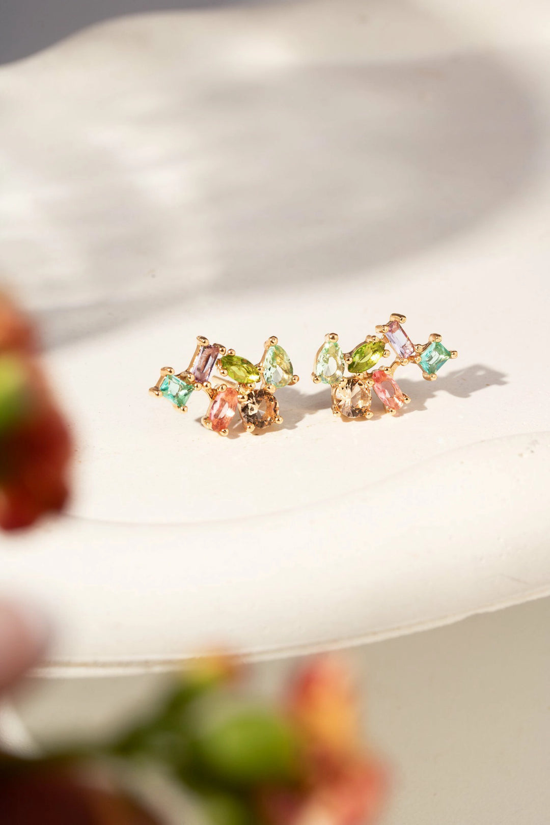 Colourful Paraiba, Green Amethyst & Peridot Crystals Ear Cuff Earrings,18k Gold Filled