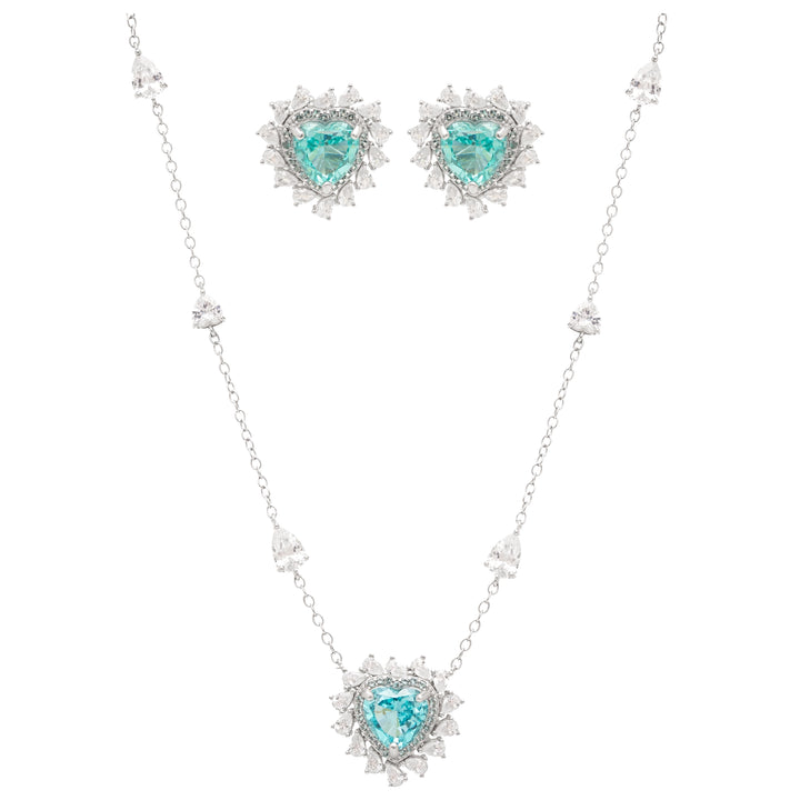 Crushed Ice-Cut Sky Blue Crystal Heart Earrings & Necklaces Set, 925 Sterling Silver