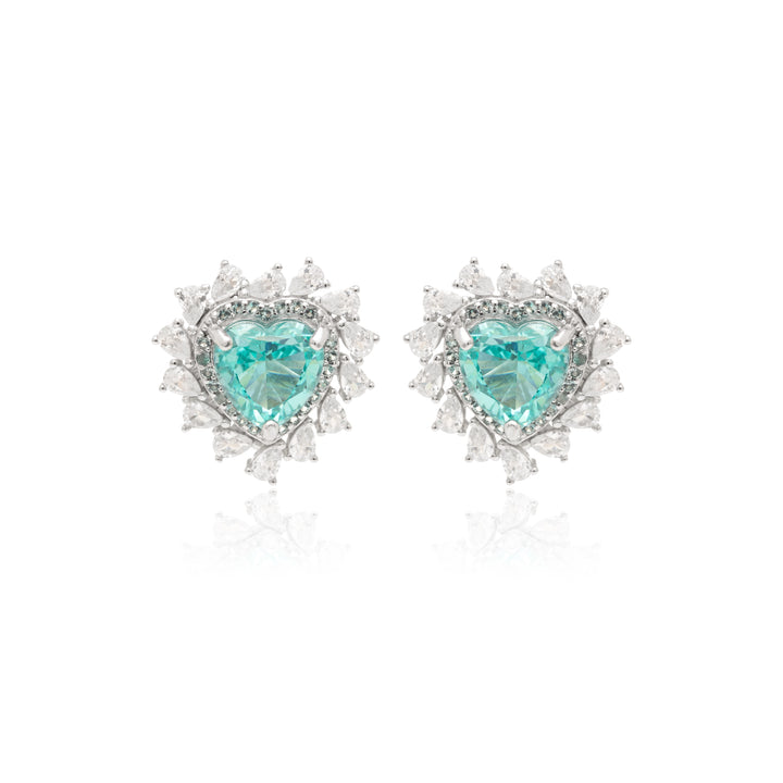 Crushed Ice-Cut Sky Blue Crystal & White Zirconia Heart Earrings, 925 Sterling Silver