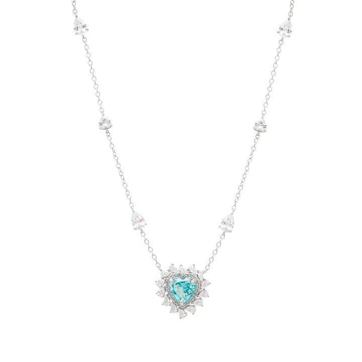 Crushed Ice-Cut Sky Blue Zirconia & White Zirconia Heart Necklace, 925 Sterling Silver