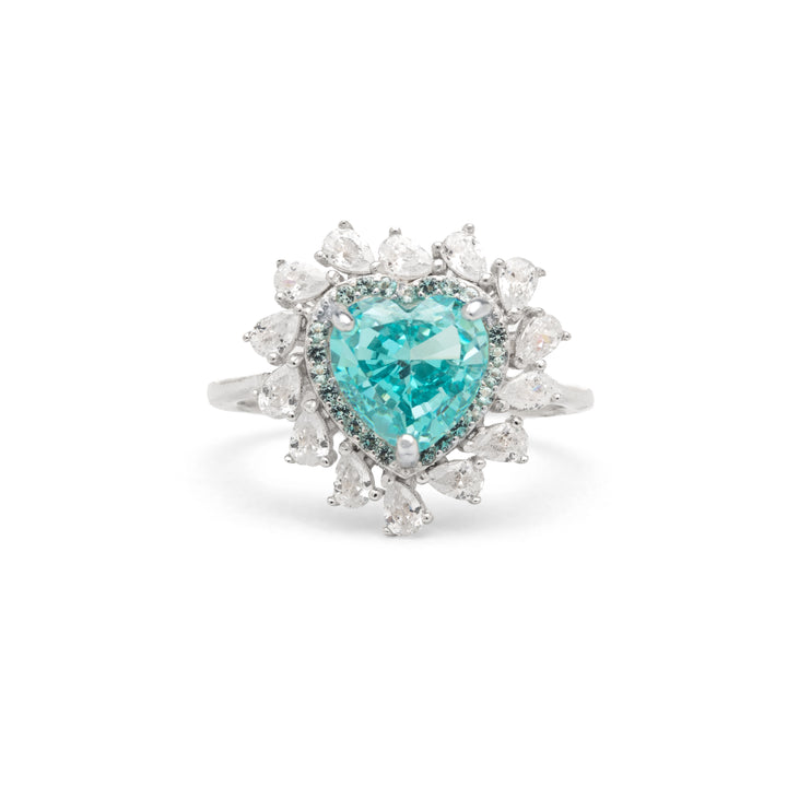 Crushed Ice-Cut Sky Blue Zirconia & White Zirconia Heart Ring, 925 Sterling Silver