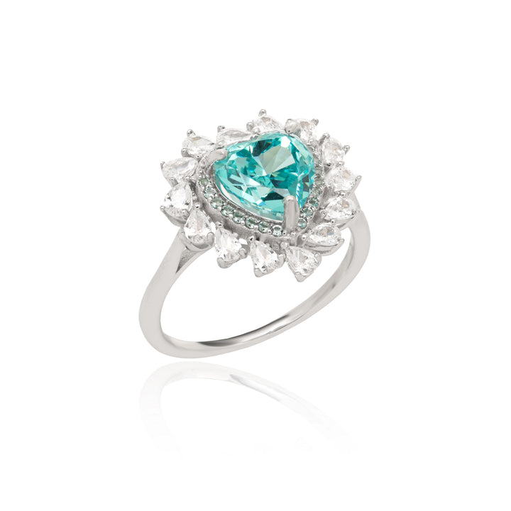 Crushed Ice-Cut Sky Blue Zirconia & White Zirconia Heart Ring, 925 Sterling Silver