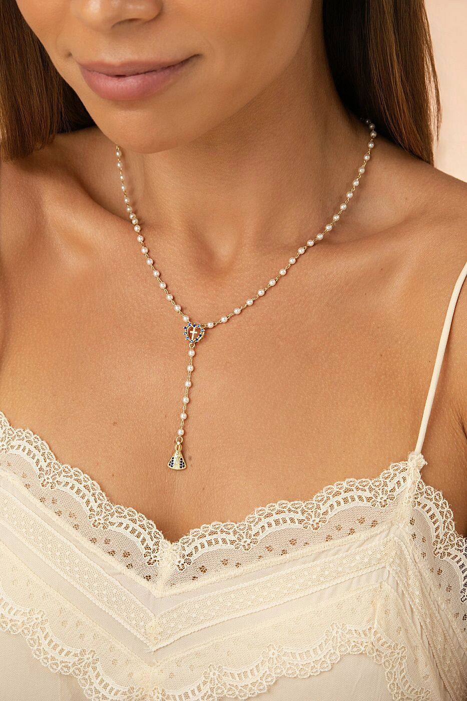 Dark Blue Zirconia & Our Lady of Aparecida Rosary Heart Necklace, 18k Gold Filled