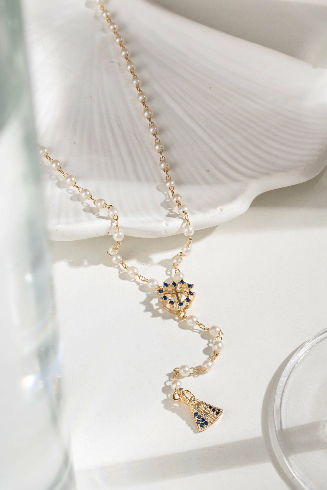 Dark Blue Zirconia & Our Lady of Aparecida Rosary Heart Necklace, 18k Gold Filled