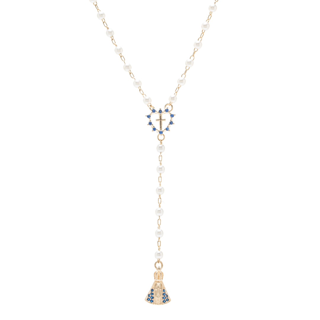 Dark Blue Zirconia & Our Lady of Aparecida Rosary Heart Necklace, 18k Gold Filled