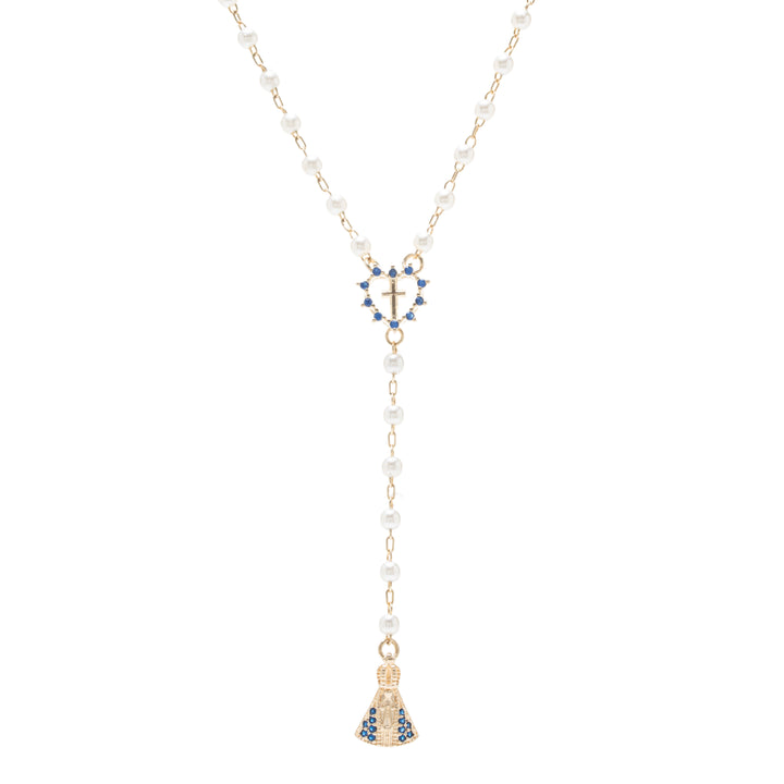 Dark Blue Zirconia & Our Lady of Aparecida Rosary Heart Necklace, 18k Gold Filled
