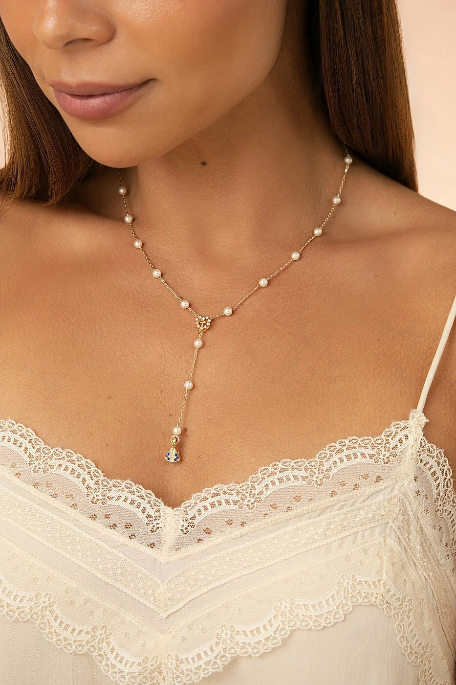 Dark Blue & White Zirconia Our Lady of Aparecida Rosary Heart Necklace, 18k Gold Filled