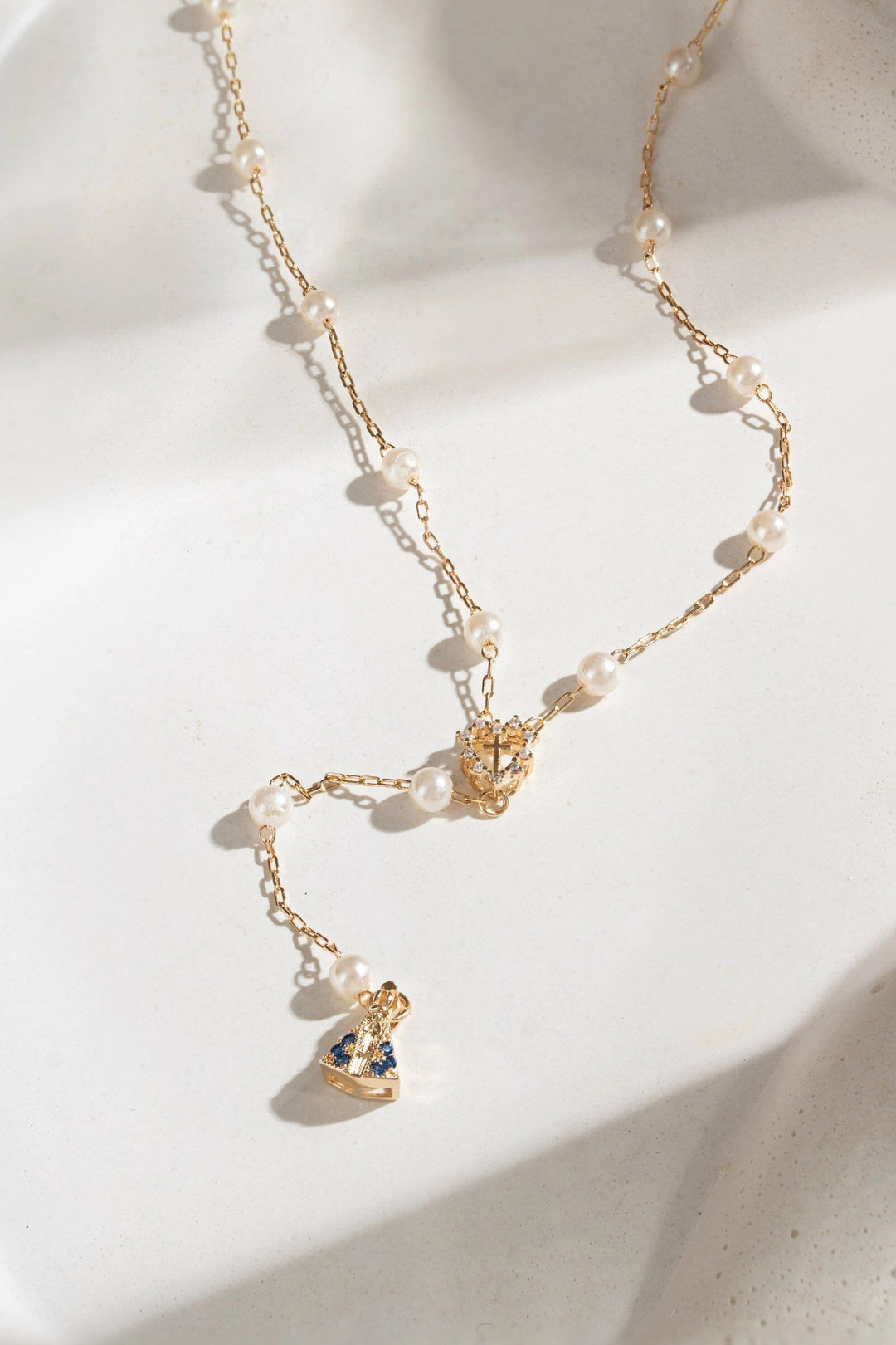 Dark Blue & White Zirconia Our Lady of Aparecida Rosary Heart Necklace, 18k Gold Filled