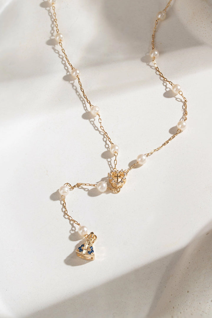 Dark Blue & White Zirconia Our Lady of Aparecida Rosary Heart Necklace, 18k Gold Filled