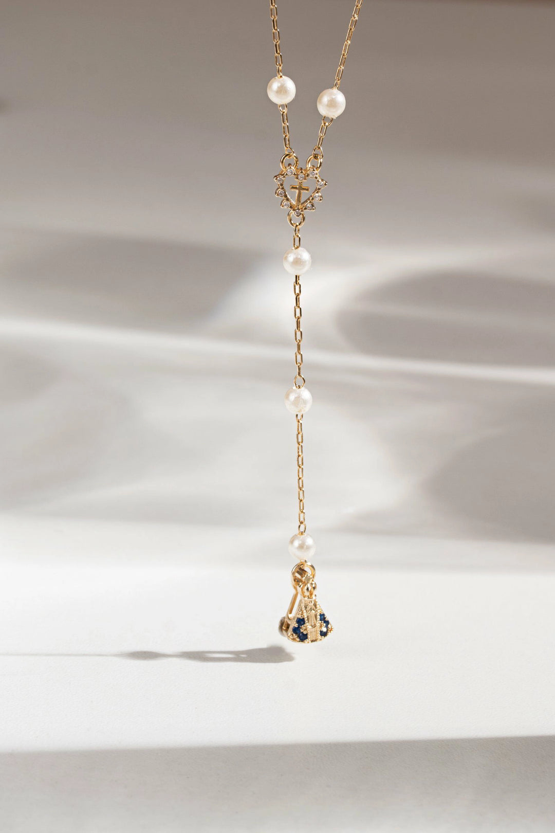 Dark Blue & White Zirconia Our Lady of Aparecida Rosary Heart Necklace, 18k Gold Filled