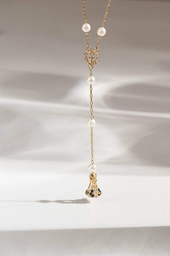 Dark Blue & White Zirconia Our Lady of Aparecida Rosary Heart Necklace, 18k Gold Filled