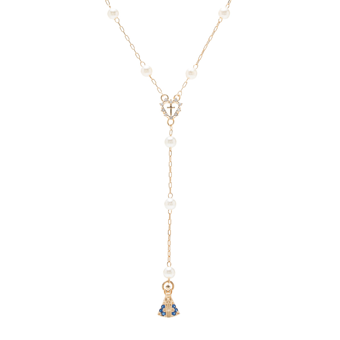 Dark Blue & White Zirconia Our Lady of Aparecida Rosary Heart Necklace, 18k Gold Filled