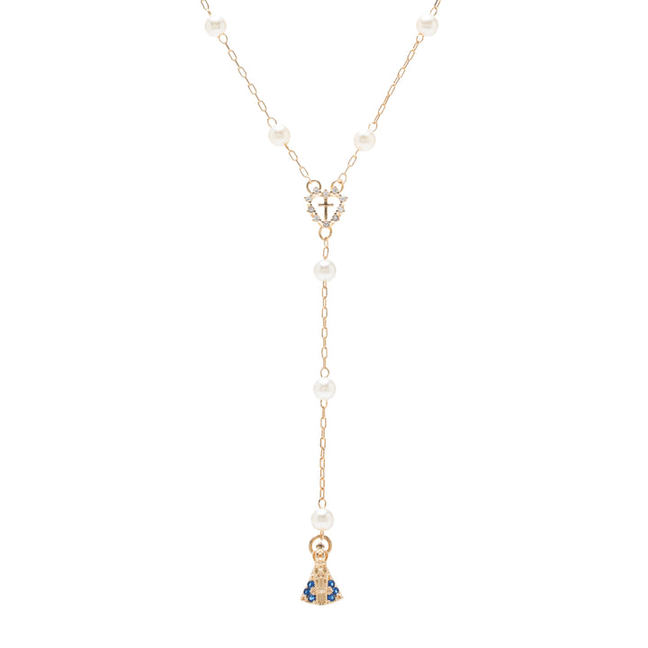 Dark Blue & White Zirconia Our Lady of Aparecida Rosary Heart Necklace, 18k Gold Filled