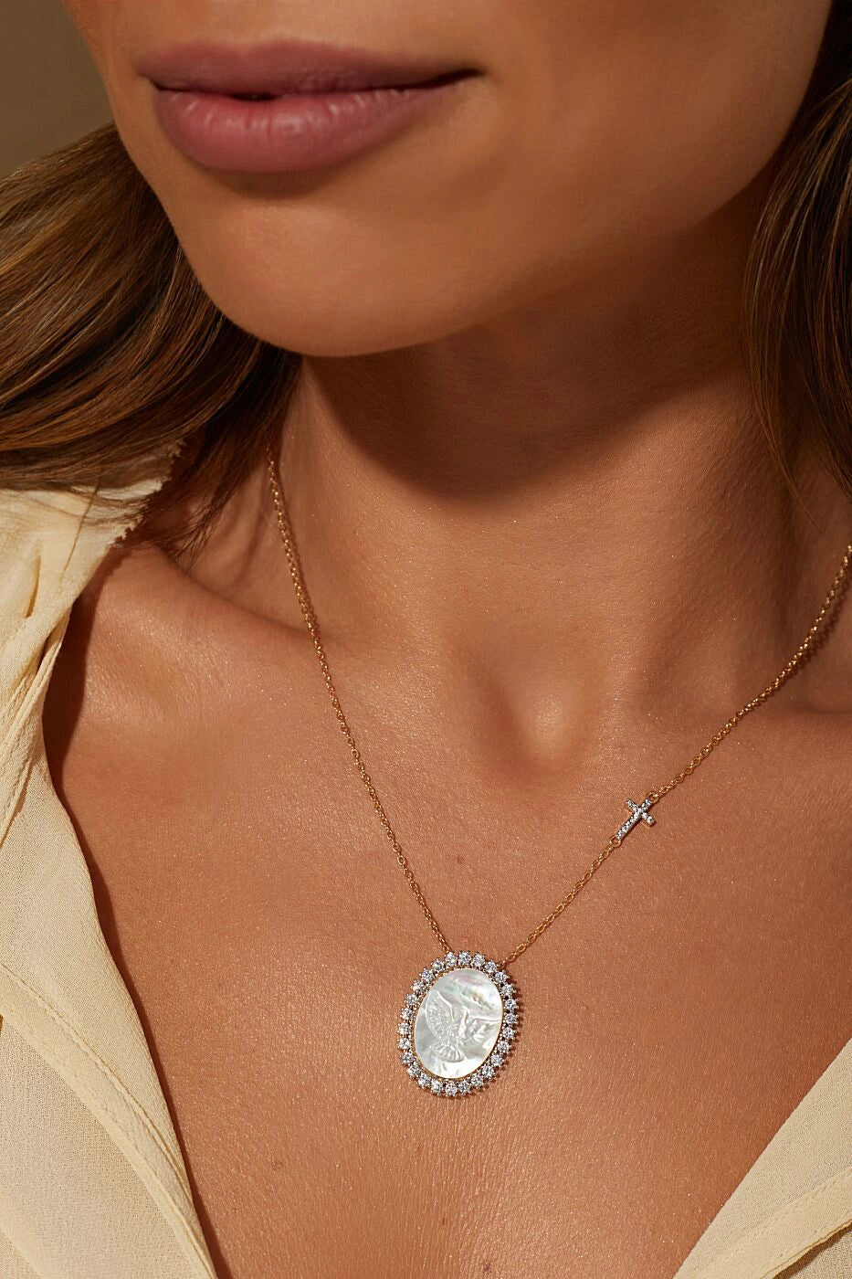 Divine Holy Spirit Medal Necklace with Mother of Pearl & Cross White Zirconia,50cm, 18k Gold Plated