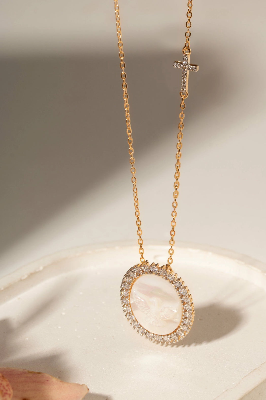 Divine Holy Spirit Medal Necklace with Mother of Pearl & Cross White Zirconia,50cm, 18k Gold Plated