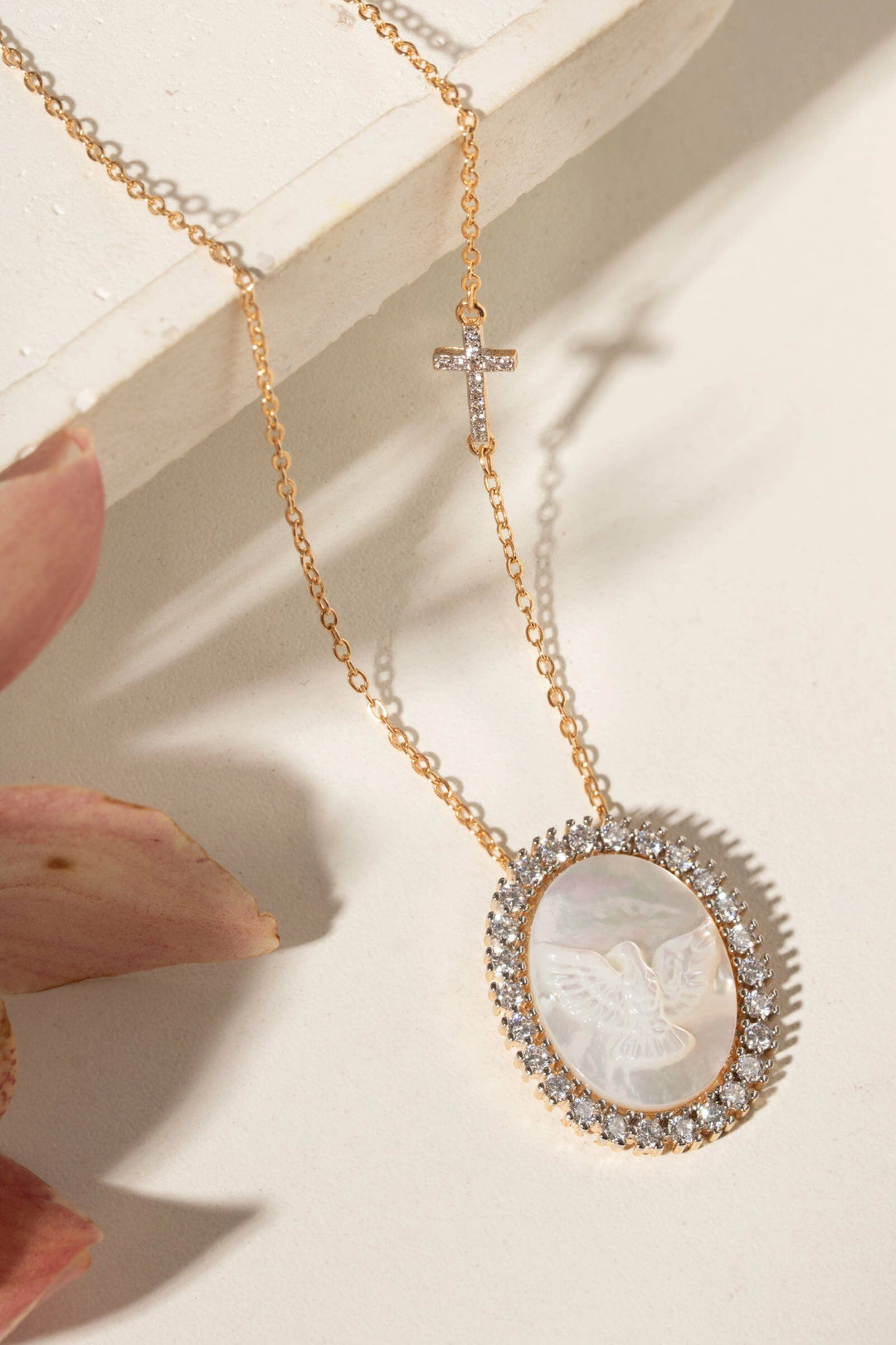 Divine Holy Spirit Medal Necklace with Mother of Pearl & Cross White Zirconia,50cm, 18k Gold Plated