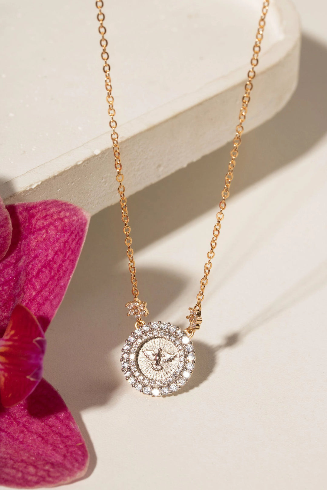 Divine Holy Spirit Necklace with White Zirconia 50cm, 18k Gold Plated