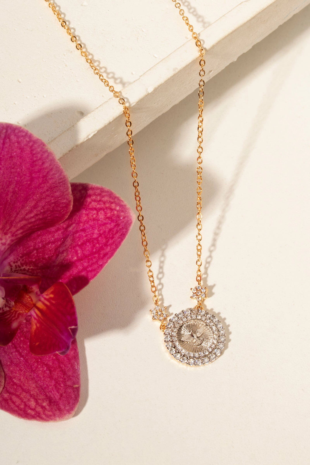 Divine Holy Spirit Necklace with White Zirconia 50cm, 18k Gold Plated