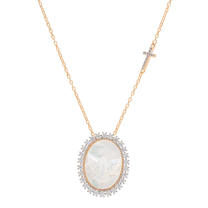 Divine Holy Spirit Medal Necklace with Mother of Pearl & Cross White Zirconia,50cm, 18k Gold Plated