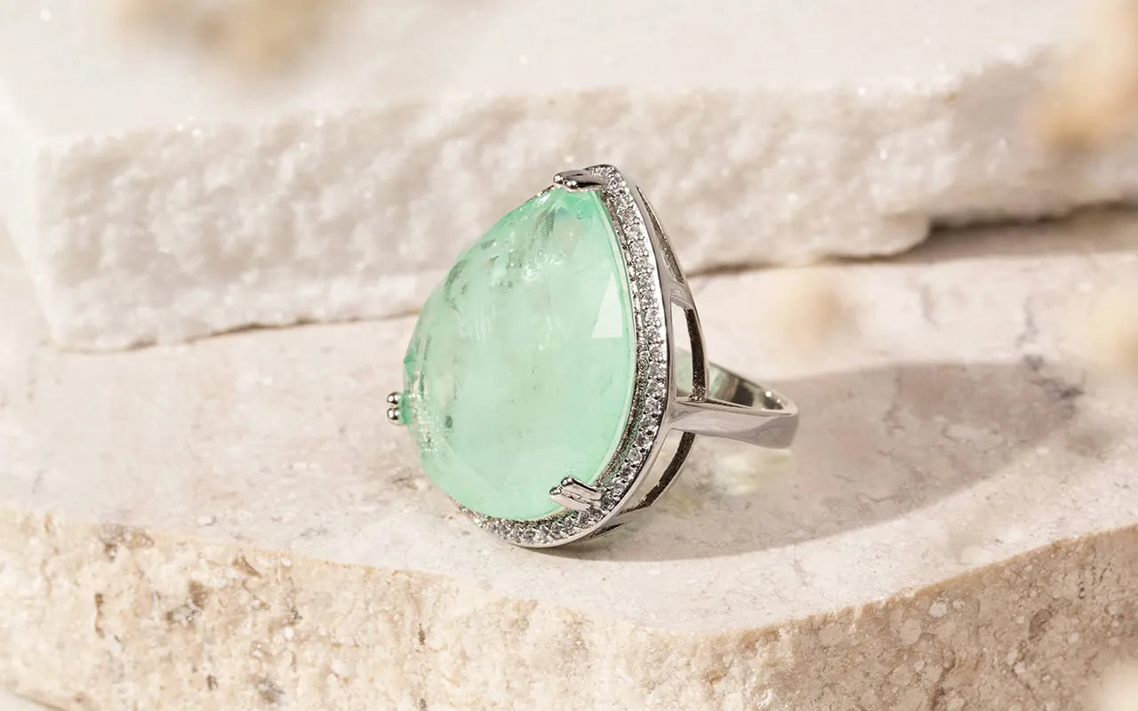 Rhodium Plated Drop Colombian Emerald Fusion Statement ring stones with white cubic zirconia  Elladora Store Australia