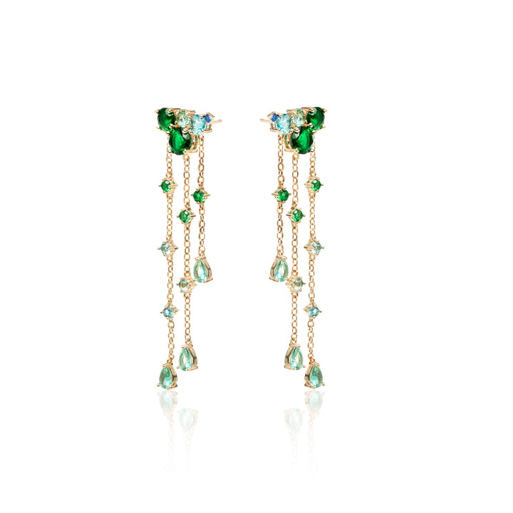 Emerald & Topaz Crystal Chain Earrings, 18k Gold Filled