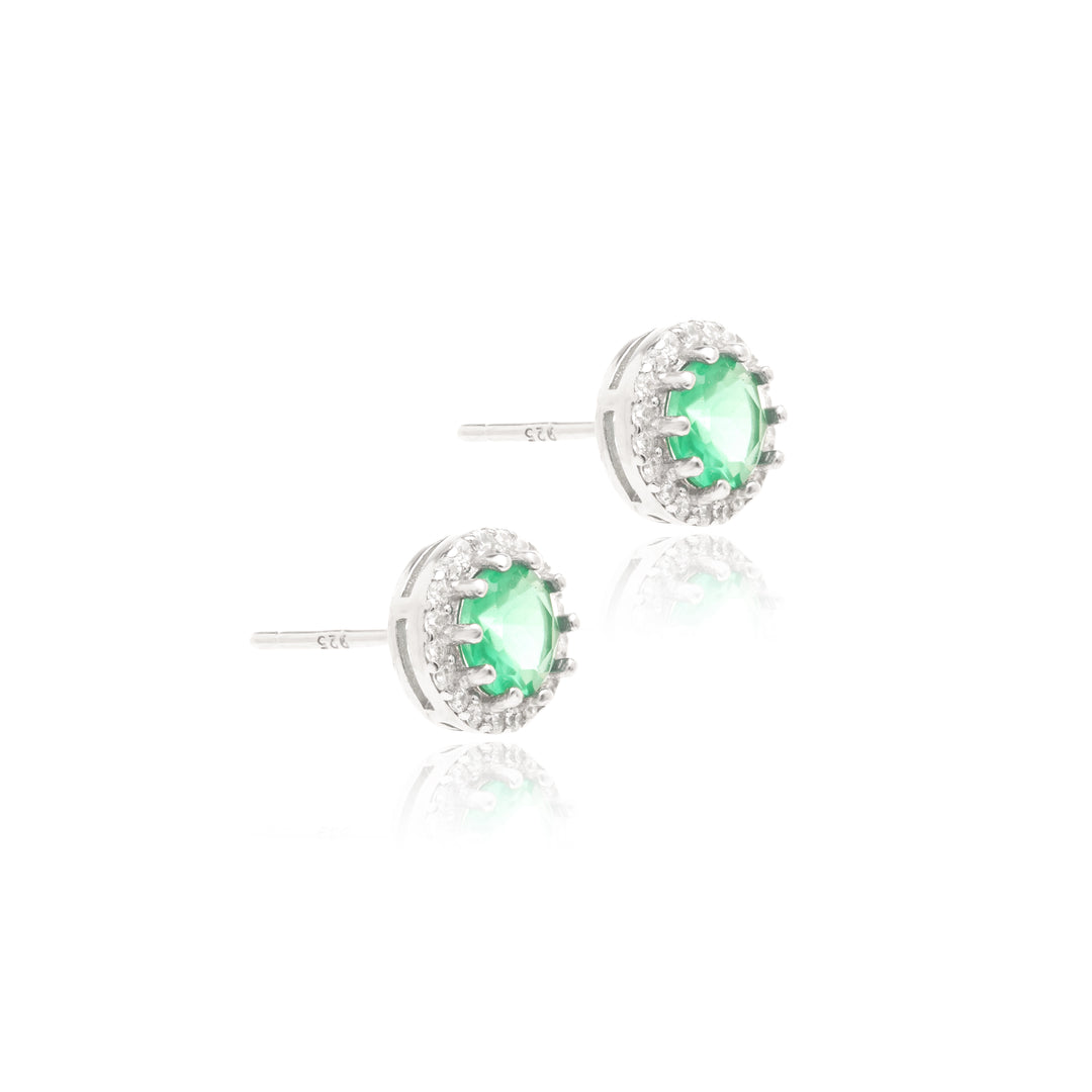 Emerald Crystal & White Zirconia Round Stud Earrings, 925 Sterling Silver