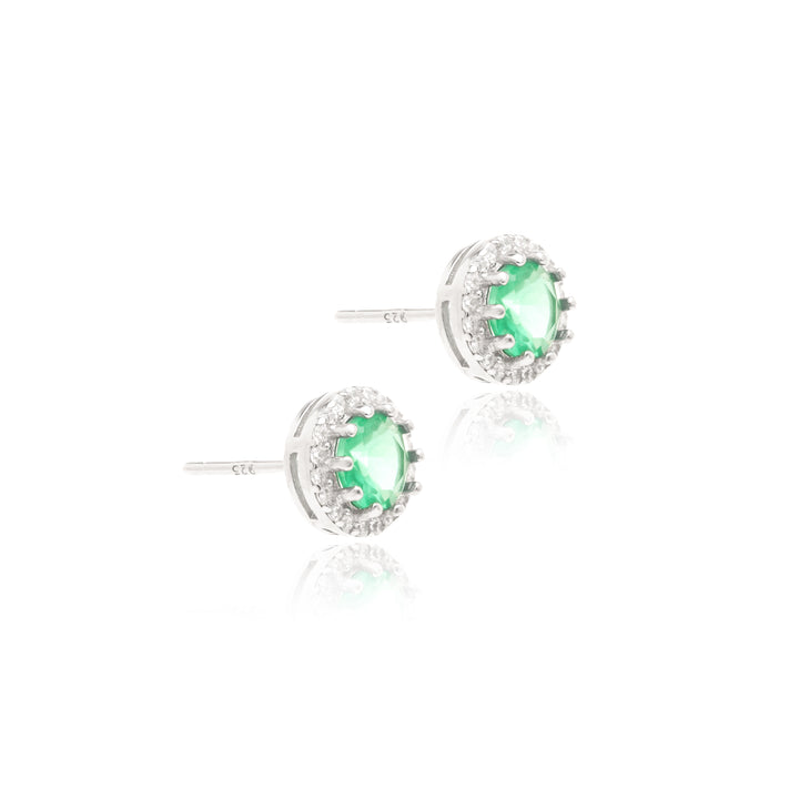 Emerald Crystal & White Zirconia Round Stud Earrings, 925 Sterling Silver