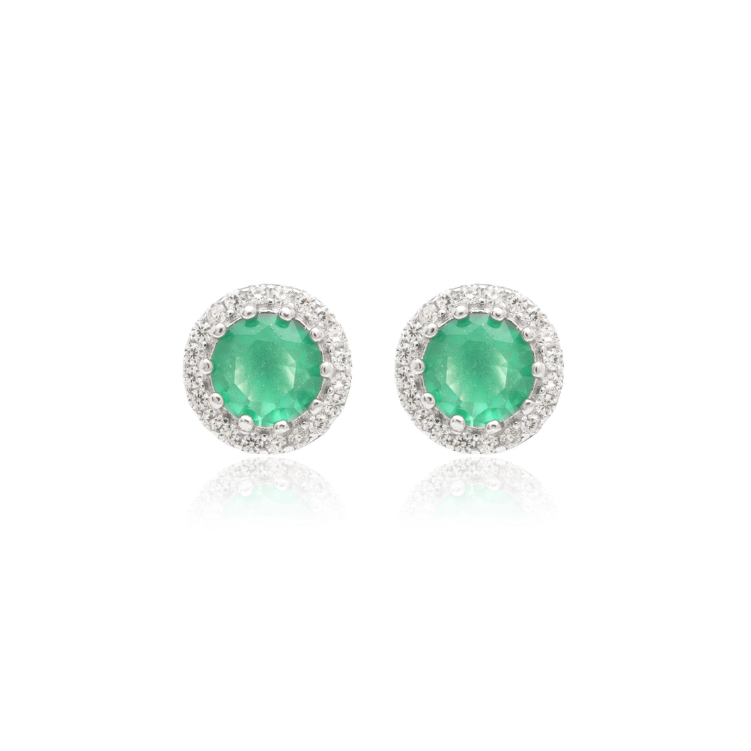 Emerald Crystal & White Zirconia Round Stud Earrings, 925 Sterling Silver