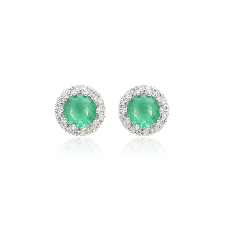 Emerald Crystal & White Zirconia Round Stud Earrings, 925 Sterling Silver