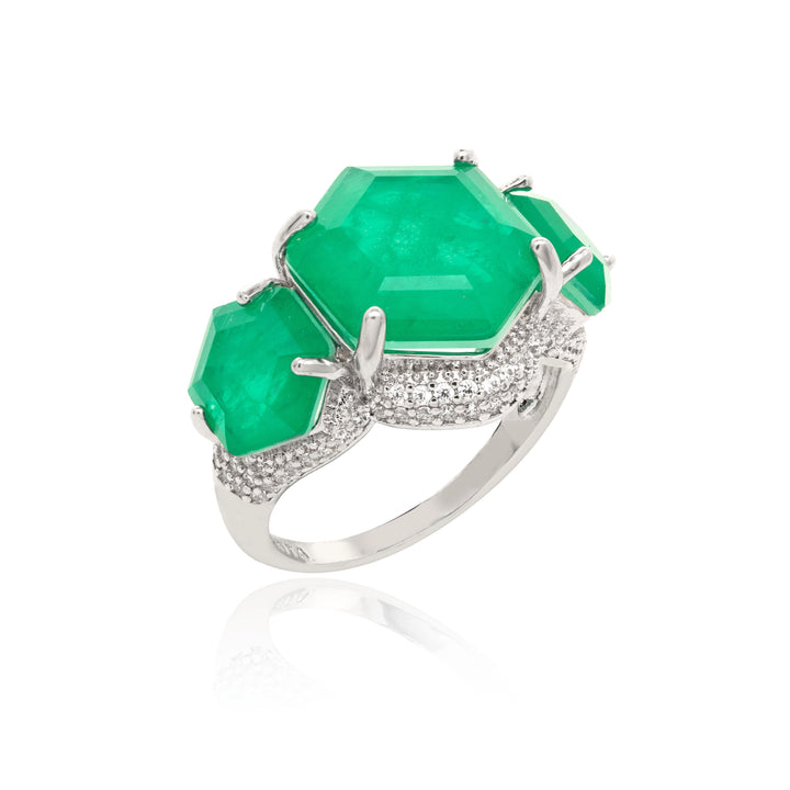 Emerald Fusion Stone & White Zirconia Hexagon Ring, Rhodium Plated