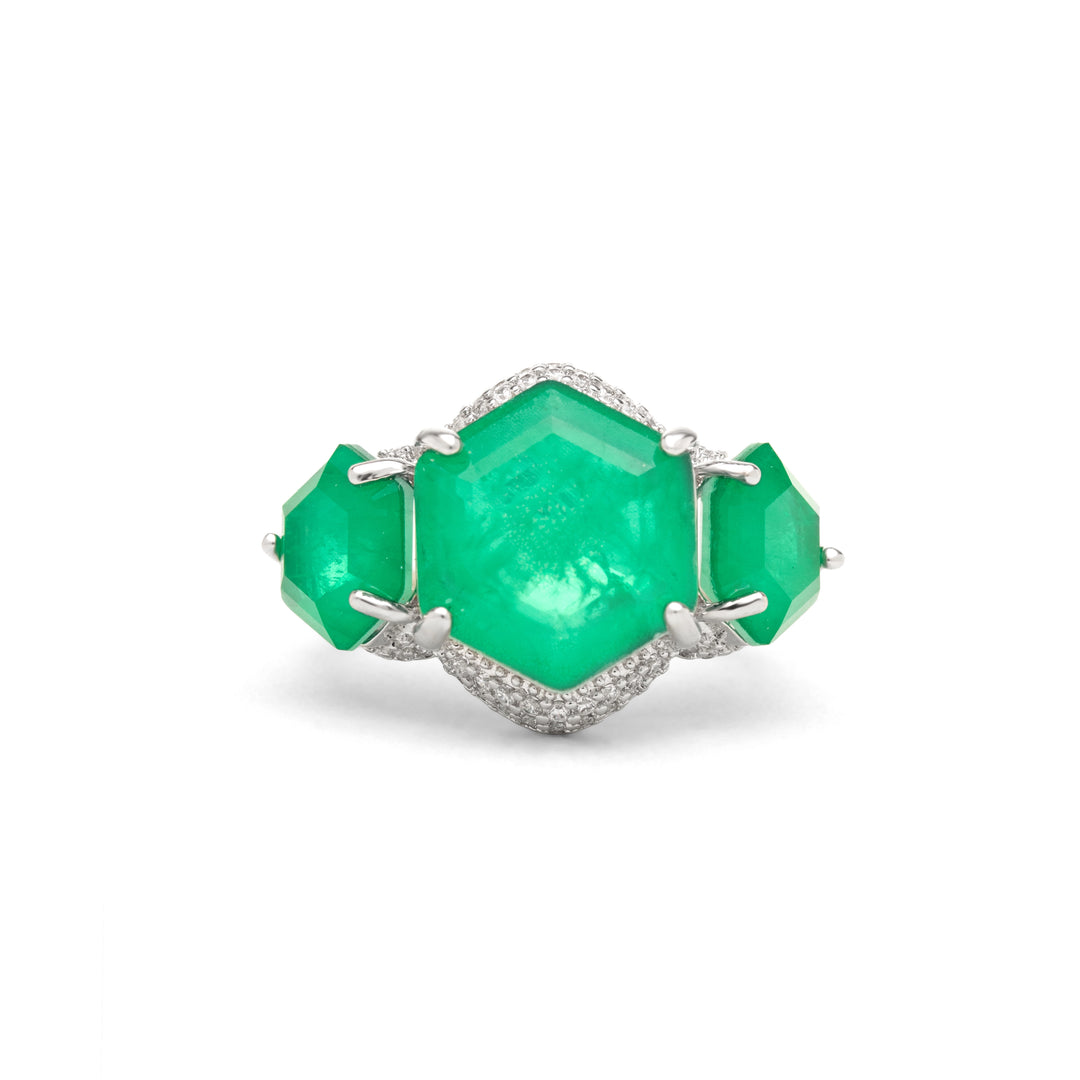 Emerald Fusion Stone & White Zirconia Hexagon Ring, Rhodium Plated