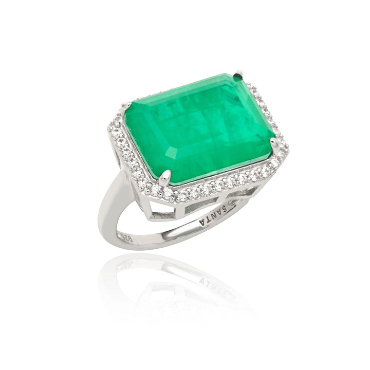 Emerald Fusion Stone & White Zirconia Rectangle Ring, 925 Sterling Silver