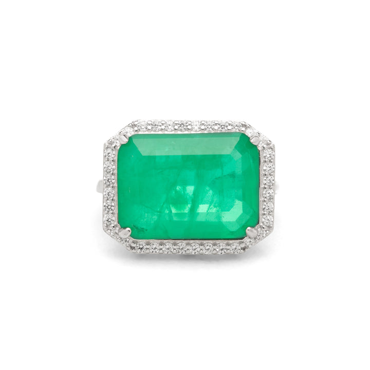 Emerald Fusion Stone & White Zirconia Rectangle Ring, 925 Sterling Silver