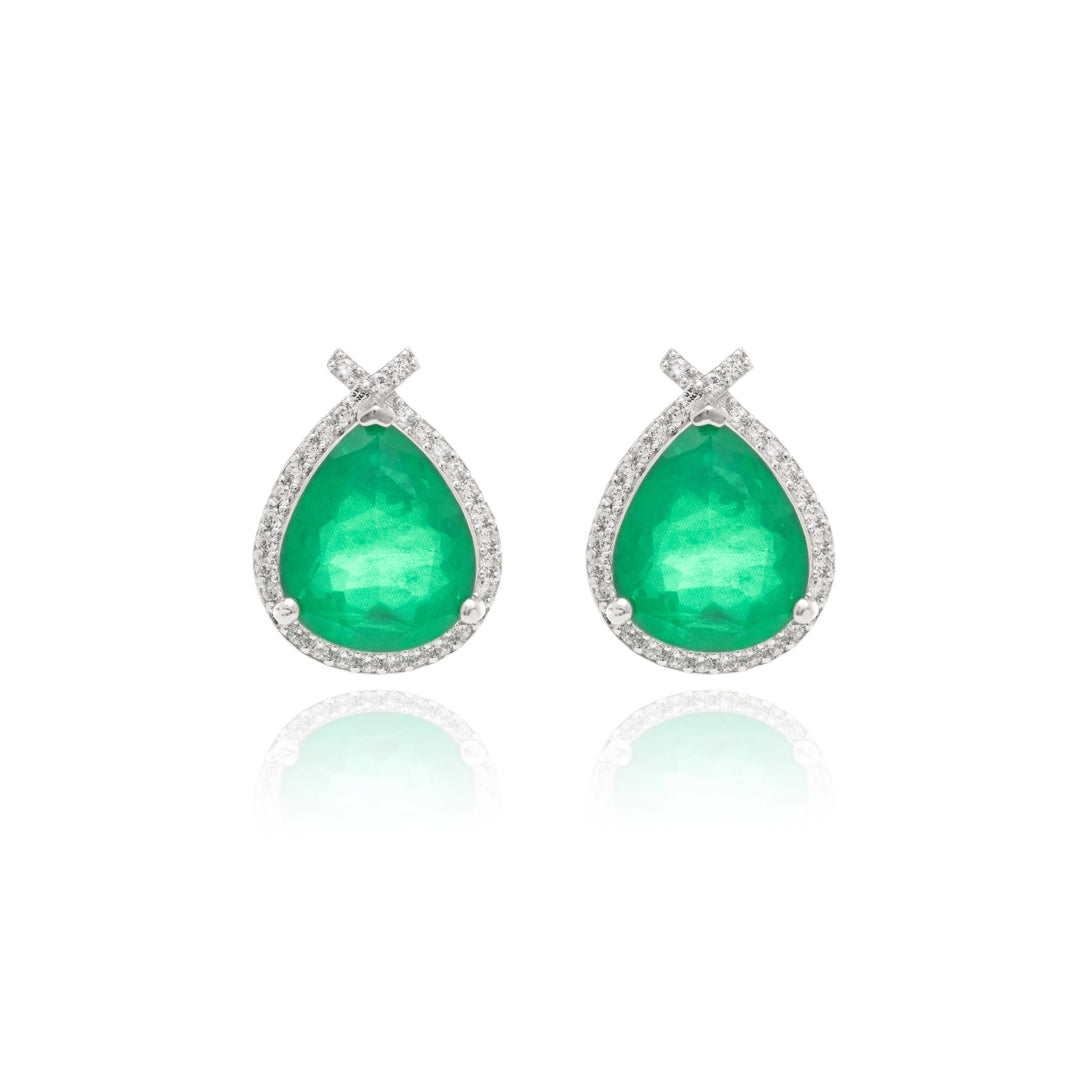 Emerald Fusion & White Zirconia Pear Drop Earrings, 925 Sterling Silver