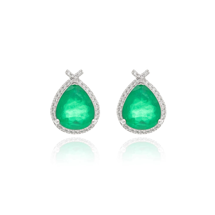 Emerald Fusion & White Zirconia Pear Drop Earrings, 925 Sterling Silver