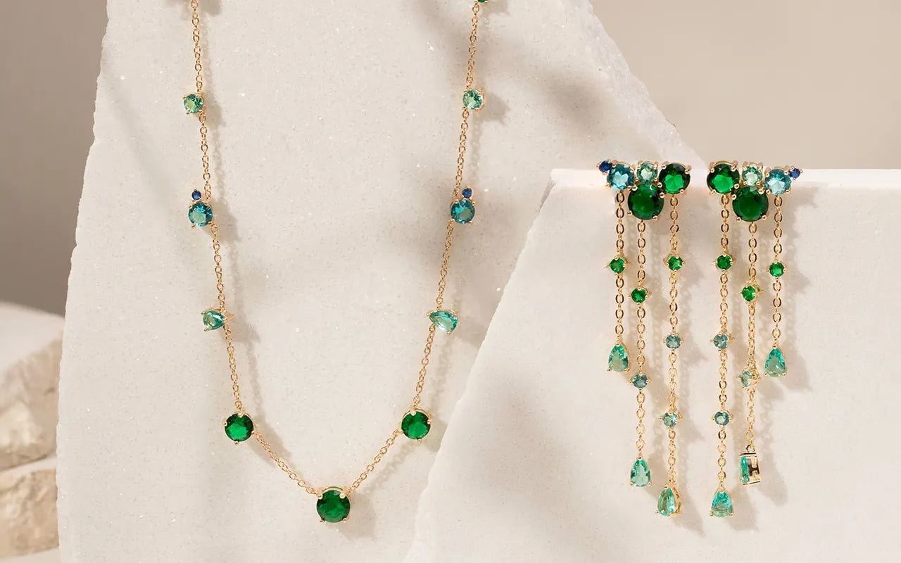 Emerald & Topaz Blue Crystal chain earrings 18k gold Filled Elladora Store Australia